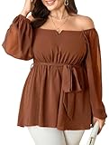 SCOMCHIC Womens Plus Size Peplum Tops Long Sleeve Square Neck Blouse Ruffle Hem Tie Waist Babydoll Top Rust