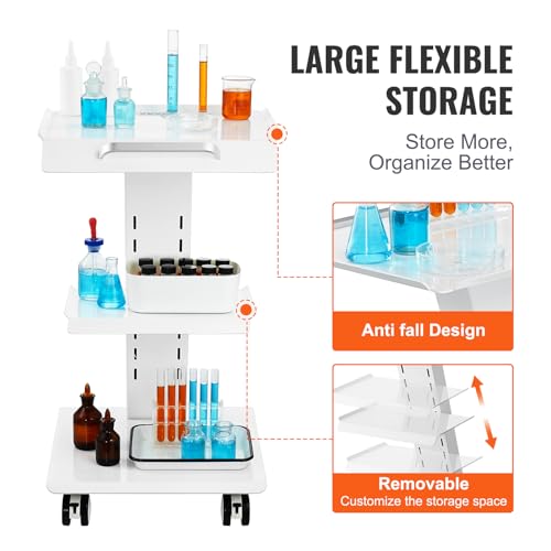 Image of VEVOR Rolling Esthetician Cart with 3 Built-in Sockets, 3-Tier Metal Medical Trolley on Swivel Wheels, Mobile Ultrasonic Tray Cart, for Lab, Clinic, Beauty and Dental, 220 lbs Weight Capacity