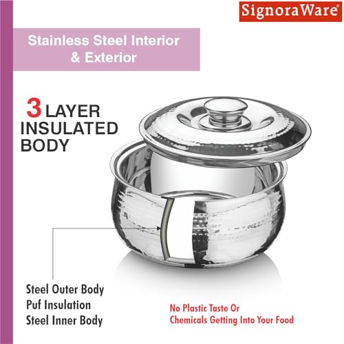 Image of Signoraware Hot Delight Hammered Stainless Steel Casserole | Airtight Lid | Retain Freshness | Great For Travelling or Small Gatherings | Perfect For Hot Curry, Chapatti & Rice (1.5 Ltr | Steel)