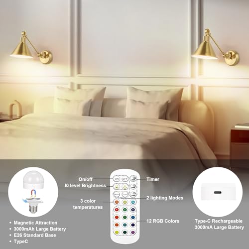 Image of TRLIFE Rechargeable Battery Operated Wall Sconces, Dimmable and Adjustable Color Temperature Wireless Wall Sconces Set of 2 with Remote Control, Gold Swing Arm Wall Light for Bedroom Bedside Hallway