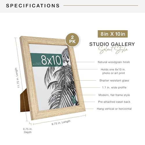 MCS Studio Gallery 8x10 Picture Frame Natural Woodgrain, Vertical & Horizontal Wall Hanging & Easel for Tapletop Display, Rectangle Photo Frame for Photos, Posters & Art Prints (2-Pack)