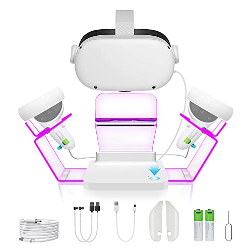 Vakdon Station de Charge Compatible pour Oculus Quest 2, Support pour Casque VR avec Lumière Respiratoire Colorée, avec 2 Piles Rechargeables et Câble Magnétique, Meta Quest 2 Accessoire Cover