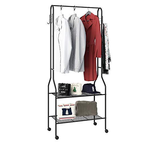 GHQME Entryway Coat Garment Rack with Wheel, Industrial Metal Hall Tree Shoe Bench