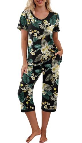 PrinStory Schlafanzüge Für Damen Kurzarm V-Ausschuss Schlafanzugoberteile Und Schlafanzughosen Mit Taschen Weich Atmungsaktiv Nachtwäsche Blumendruck (Grünblättrige Lilie, XL)