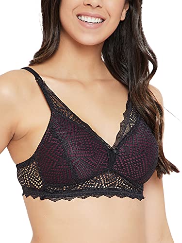 Image of Clovia Women's Lace Solid Padded Demi Cup Wire Free Bralette Bra - Black