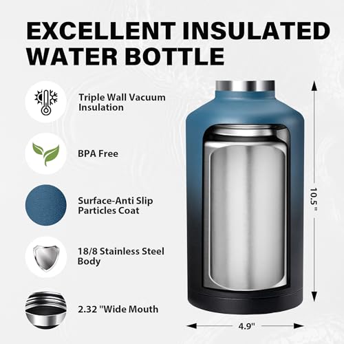 Image of Insulated Water Bottle 64 oz, Triple Wall Vacuum Stainless Steel Water Bottles(Cold for 48 Hrs), Leak Proof & Non-BPA, Half Gallon Water Flask Jug with Straw Spout Lids for Gym, Sports, Camping