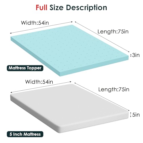 Image of FDW | 5 inch Full Mattress + 3 inch Cooling Mattress Topper | Gel Memory Foam | Medium Firm Feel | White | with Washable Cover for Cool Sleep and Pressure Relief | Bed in a Box, CertiPUR-US Certified