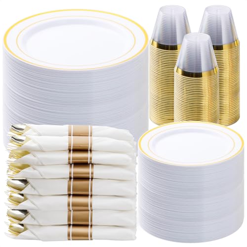 BESTVIP 525PCS Gold Plastic Dinnerware Set for 75 Guests, Disposable Plates for Party, Include: 150 Plastic Plates, 75 Pre Rolled Napkins with Gold Silverware, 75 Cups for Christmas, Halloween by BESTVIP - Used condition - US$94.99