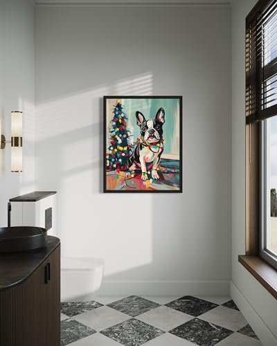 Image of Boston Terrier Christmas Black Framed Wall Art Print Poster, Dog Pet Lover Picture Painting Artwork Bedroom Living Room Office Dining Room 150D (Boston Terrier Christmas, 10 inch L x 8 inch W, Black Frame)
