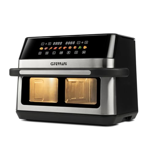 G3 Ferrari G10223 Friggitrice ad Aria, "Friggisano 6+6", 2200 W, 12 Lt, 10 Programmi, Display a Colori, Funzione Essiccatore, Luce Interna, Contenitore e Vassoio Antiaderenti, Ricettario Incluso