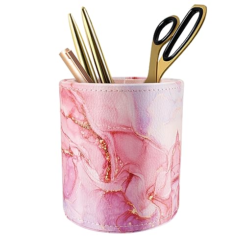 Image of Pen Holder for Women Girls, Pencil Cup Pink Desk Decor, Makeup Brush Holder Large Pu Leather Multi-Functional Organizer Cup for Office, Classroom, Home, Red Marble