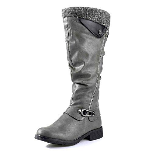 Camfosy High Boots for Women Low Heel, Winter Warm Fur Lined Knee High Boots Side Zipper Casual Comfort Outdoor Tall Shaft Boots Flat Buckle Riding Boots Shoes Grey 11
