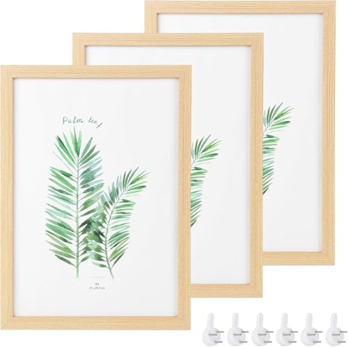 DMJJSD® Ensemble de Cadres Photo A4 3 Pièces Cadres Photo en Bois Massif A4 en Bois de Chêne avec Verre Plexi pour Pose sur Table et Murale Ensemble de Cadres pour Photos, Affiches, Puzzles (23x32 cm)