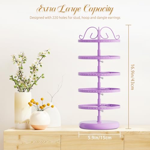 Image of Modowey Rotating Earring Holder Organizer Stand, 5 Tier Metal Tree Display for Women Vendors, 220 Holes Adjustable Jewelry rack for Stud Hoop Dangle Storage, Trendy Carousel Keeps Dresser Neat, Purple