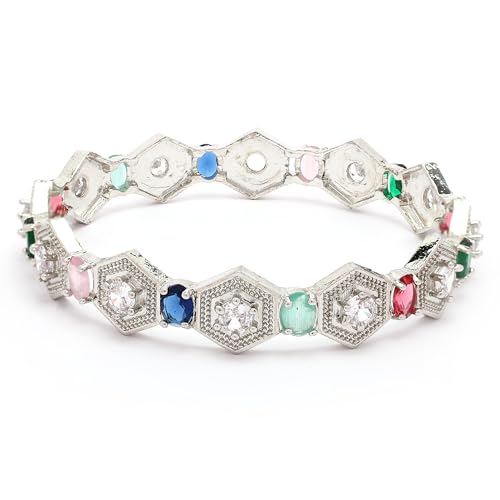 Image of ZENEME Rhodium Plated Silver Toned Geometrical Shaped Multicolor American Diamond Studded Bangles Set Of 2 For Women & Girls