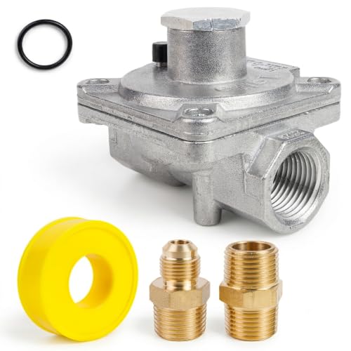 BlueStars 1/2 Gas Pressure Regulator Adjustable Natural Gas and Liquefied Interchange Pressure Regulator with 2 Brass 1/2 NPT Conversion Adapters for NG/LPG Applications Grill Heater Oven Stove