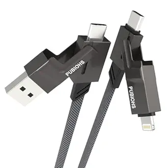 4 in 1 USB C Cable Lightning Cable Convertible Metal 6.5FT, [SHEZI Series] Flat Nylon Braided Multi Charger Cord 60W Fast Charging & Data Sync for iPhone iPad Samsung, for Apple Carplay & Android Auto