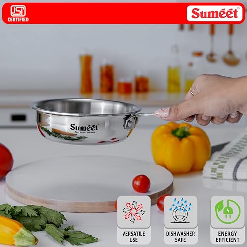Image of Sumeet Cook Smart ISI Certified Tri-Ply (Steel - Aluminium - Steel) Mini FryingTadka Pan with Silicon Grip | Induction and Gas Friendly | 2.5mm Thick | 400ml -12Cm, Silver