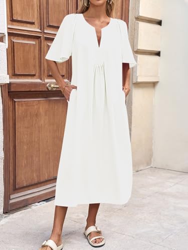 Image of Wenrine Womens Casual Maxi Dress Short Sleeve Loose Flowy Summer Dresses | flutter sleeve, v neck, loose fit, slit, long summer dress, beach, vacation