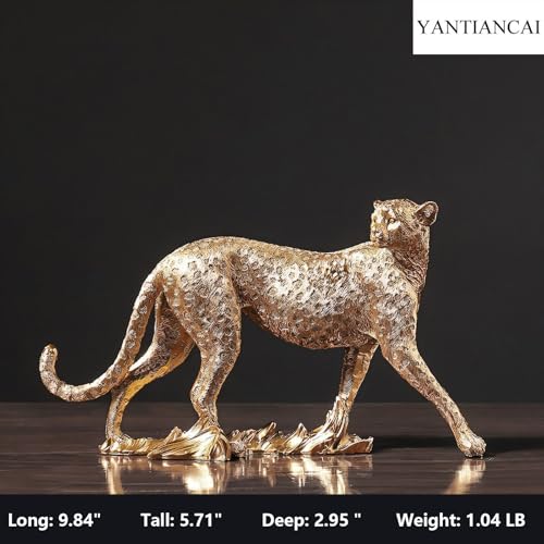 YANTIANCAI Cheetah Statue Classical Leopard Figurines Modern Style Home Office Desktop Resin Animals Decor Sculpture Decorative Gift (Gold)