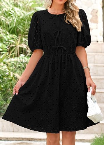 Image of KIRUNDO Eyelet Summer Dresses for Women 2025 Short Sleeve Tie Front Babydoll A Line Wedding Guest Beach Vacation Sundress