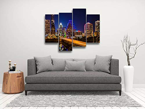 Austin Texas Evening Excitement Cityscape, Skyline, Skyscrapers Canvas Wall Art Hanging Paintings Modern Artwork Abstract Picture Prints Home Decoration Gift Unique Designed Framed 4 Panel #TOP3