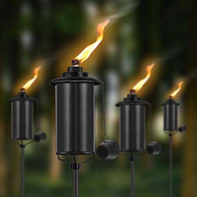 4-Pack Garden Metal Torches, 60 Upgraded Citronella Torches with 5-Prong Grounded Stakes, 16 oz Heavy-Duty Outdoor Torch Lights for Patio, Pathways, and Parties (Ultra-Stable Design)