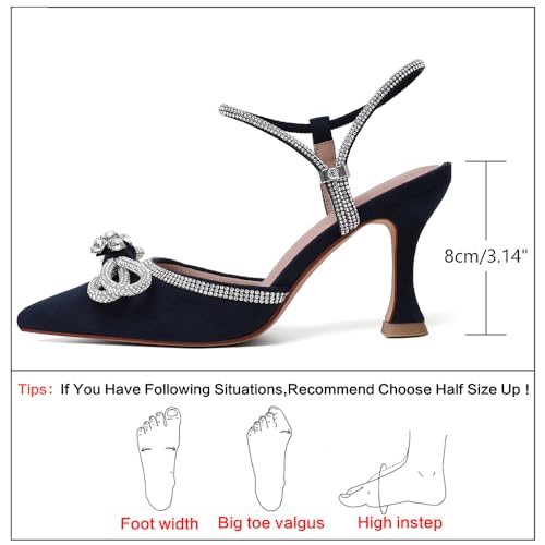 Image of Susanny Women's Closed Toe Rhinstone Wedding Low Heel Slingback Clear Kitten Heels,Adjustable Strap Pointed Toe Bow Pumps High Heeled Prom Dress Shoes