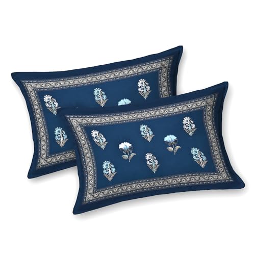 Image of BLOCKS OF INDIA Hand Block Printed 200 TC Cotton Super King Size Bedsheet(106 x 106) | Pack of 1, Batik Blue Flower