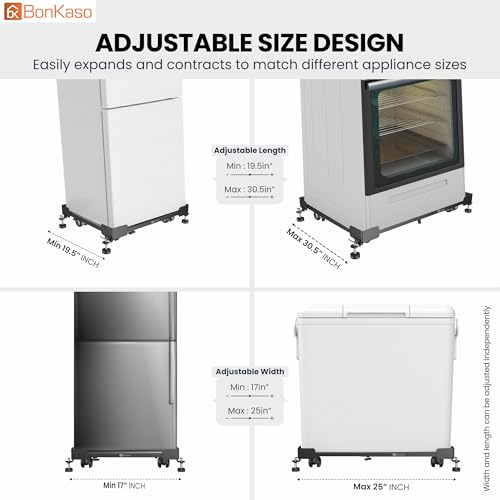 Image of BonKaso Adjustable Heavy Duty Appliance Stand with Wheels & Anti-Slip Pads | Steel Frame Trolley for Washing Machine, Refrigerator & Dishwasher | Load Capacity 200 Kg (50x43x12.5 cm) Black