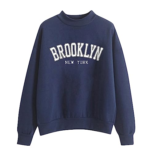 Womens Sweatshirt Teen Girls Crewneck Jumper Top BROOKLYN Letter Print Casual Pullover Womens Long Sleeve Plain Basic Autumn Sweatshirts Streetwear School Juniors Tops for Ladies