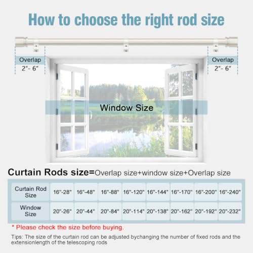 Image of Byondeth Curtain Rods for Windows 16 to 144 Inches Adjustable Length 1 Inch Diameter Window Curtain Rod with Aluminium End Cap, Brushed Nickel