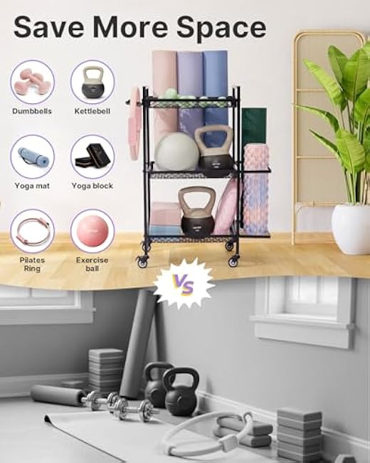 YOTTOY 3-Layer Gym Storage Rack ¨C Multi-Functional Weight Rack for Home Gym, Yoga Mat Holder & Foam Roller Basket with 6 Hooks, Gym Equipment Organizer