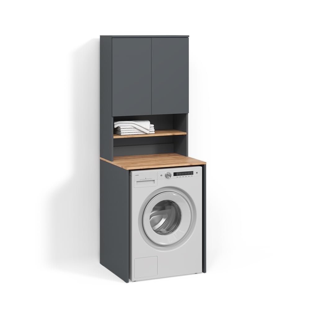 Livinity Armoire Machine à Laver Paolina Anthracite/chêne doré 68x88.2cm | 2 pièces avec étagèreEspace de rangement supplémentaire au-dessus de l'appareil pour le détergent et les accessoires