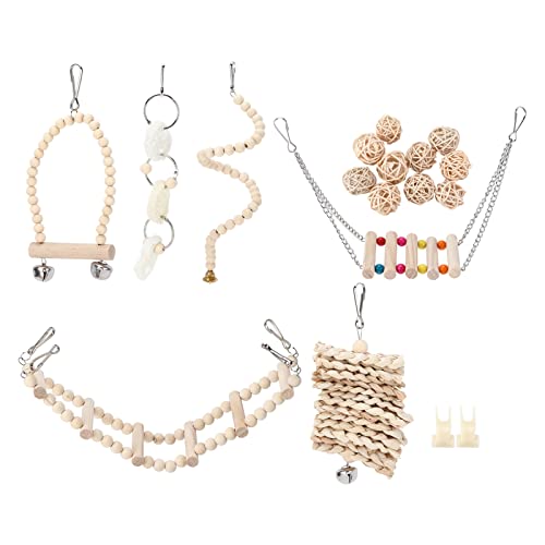 HUSHUI Set di Giocattoli per Uccelli in Legno, Altalene da Masticare per Arrampicata con Forchetta da Frutta per Parrocchetti Cockatiels Conures