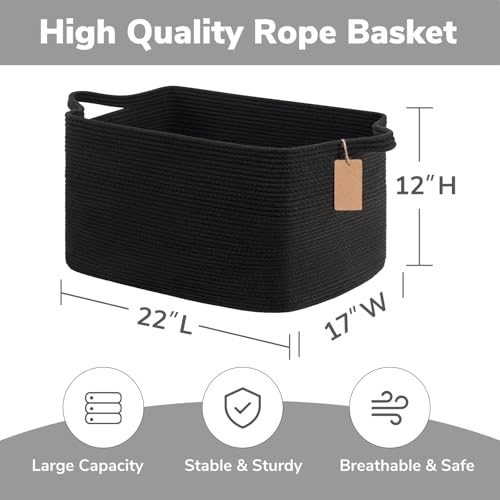 Image of Goodpick 75L Extra Large Woven Rope Blanket Basket, Rectangle, Black | 22 inch x 17 inch x 12 inch Decorative Storage Basket for Pillows, Toys & Clothes, Fits Bedroom & Nursery Organization, Writable Label