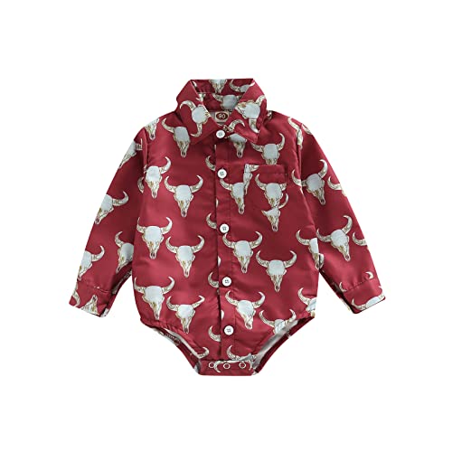 Image of Karuedoo Western Baby Boy Clothes Cow Print Shirt Romper Infant Long Sleeve Button Down Bodysuit Onesie Gentleman Outfit (C Wine Red, 3-6 Months)