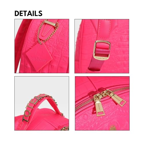 Image of Tote&Carry Apollo BFF Backpack for Women, Vegan Leather, Water-Resistant, Carry-On Luggage for Travel, Work & Daily Use (Alligator Skin, Neon Pink)