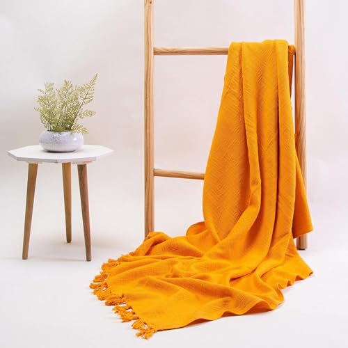 Image of Handmade Jute Cotton Sofa Throw Blanket 50x60 Inch Solid Soft for Couch, Living Room, Bed Reversible and Breathable (Orange)