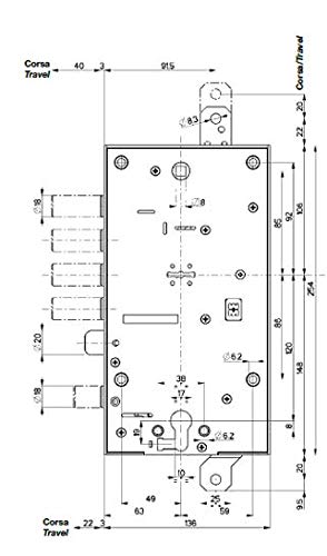 Serratura di sicurezza per porta blindata Mottura 54.597 Triplice con mezzo giro diam. 20mm chiave doppia mappa con serratura di blocco a cilindro europeo.Mano sx interasse catenacci 28 mm.