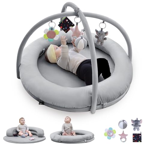 Image of Hiseeme 5 in 1 Baby Play Gym, Thick & Plush Baby Playmats, Tummy Time Mat with 5 Toys for Sensory & Motor Skill Development, Baby Activity Mat from Newborn to Toddler, Infant Gift Essentials (Grey)