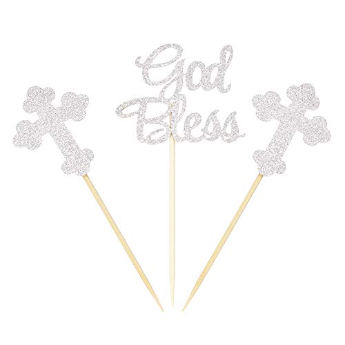 Ercadio Silver Glitter God Bless And Baptism Cupcake Toppers Cross Cupcake Picks Christian Party Decoration Supplies 24 Pcs #TOP2