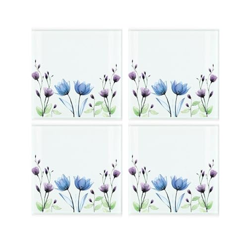 Juego de posavasos florales – Cuadrado de vidrio azul y morado flores y follaje – Juego de cuatro (4) posavasos