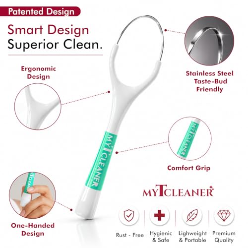 Image of MyTCleaner | Tongue Cleaner for Adults | Stainless Steel Tongue Scraper | Helps Freshen Breath & Supports Oral Hygiene | Rust-Free | Dentist-Designed | Pack of 2 (Aqua Green & Peach)