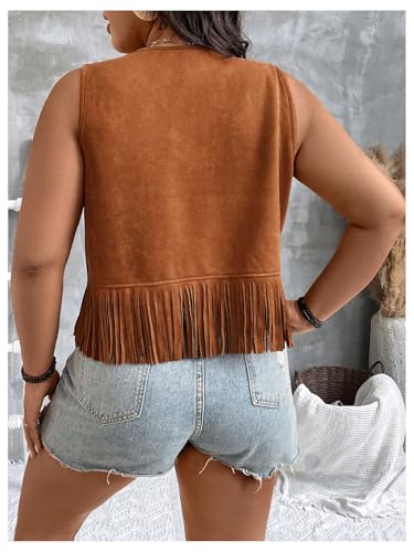 Women's Plus Size Faux Suede Fringe Crop Jacket Vintage Studded Detail Open Front Sleeveless Vest2