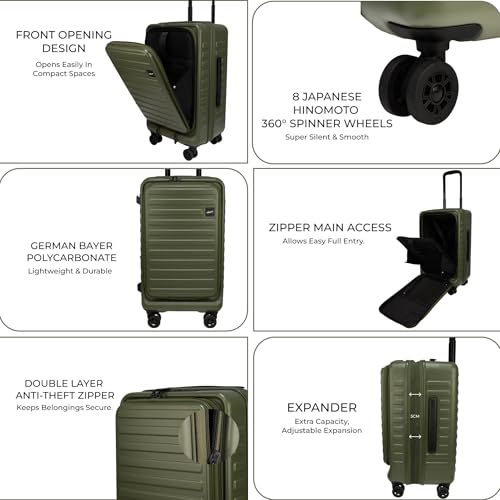 Image of F Gear Windsor Small 56cm German Makrolon Polycarbonate|Japanese Hinomoto Wheel|Front-Opening Trunk-Style Hard Luggage|Cabin Suitcase Travel|Laptop Sleeve, Expandable, Anti-Theft Zipper| Army Green