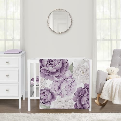Image of Sweet Jojo Designs Lavender Purple Boho Shabby Chic Floral Girl Baby Mini Crib Bedding Set Infant Nursery Room Newborn Blanket Portable Pack n Play Sheets 3pc Ivory Bohemian Vintage Garden Watercolor