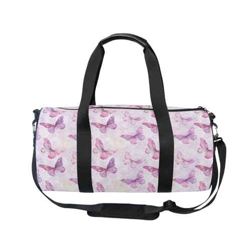 Pink Butterfly Sports Duffel Bag Large Capacity Barrel Gym Bag with Full Print Polyester Fabric, Multiple Pockets and Detachable Strap for Sports Gym and Weekend Getaways2
