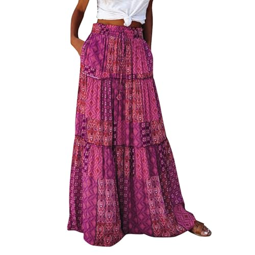 Floral Maxi Skirts for Women Trendy Summer Elastic High Waisted Long Skirts Tiered Flowy Swing A Line Skirt w/Pockets