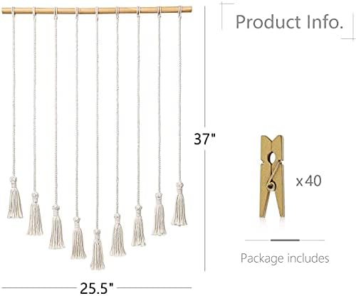 Mkouo Hanging Photo Display Macrame Wall Hanging Pictures Decor Boho Chic Home Decoration for Apartment Bedroom Living Room Gallery, with 40 Wood Clips, 94cm(L) x 64.7cm(W)